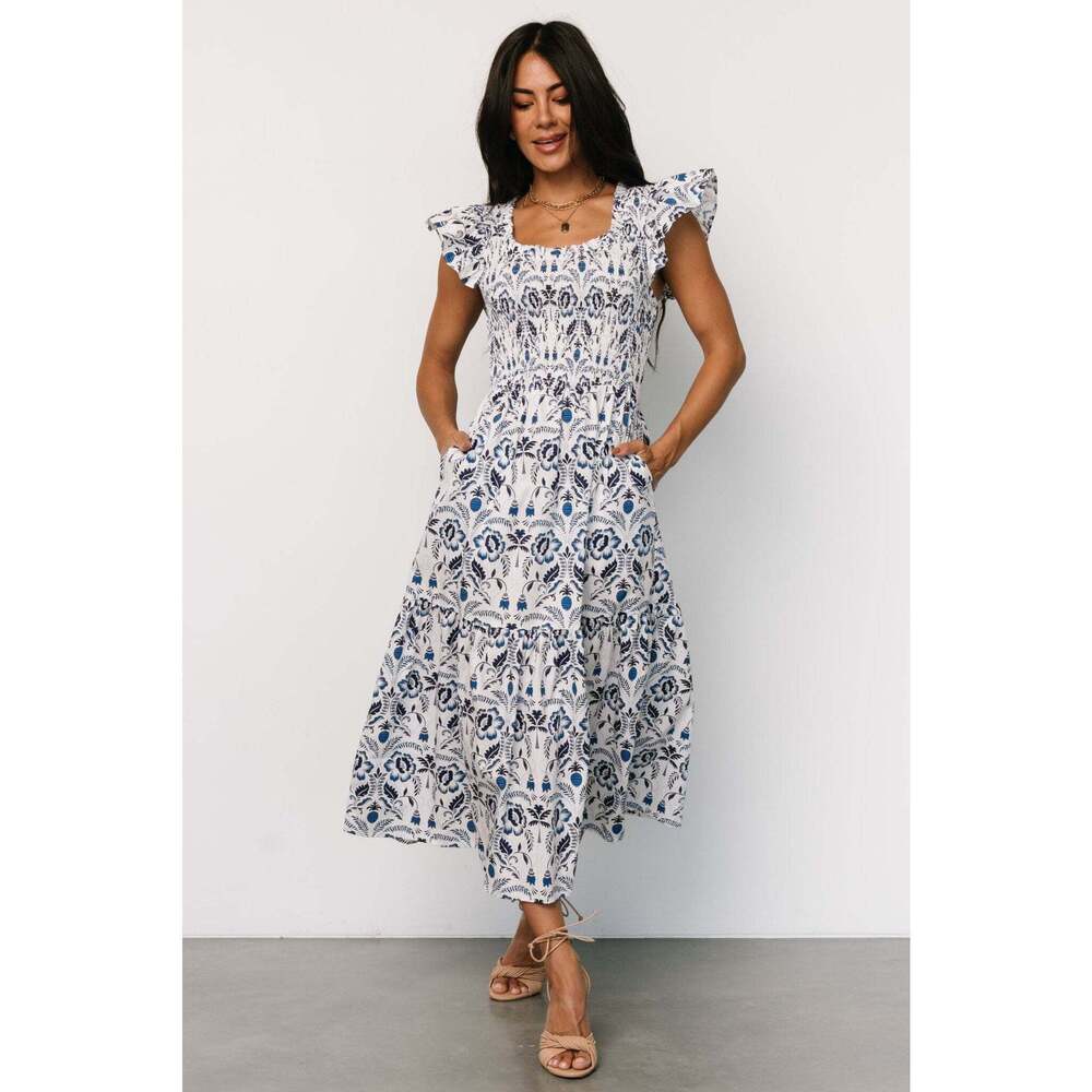 Baltic Born Rhodes Smocked Dress | White + Blue Print Size XL - Picture 5 of 5